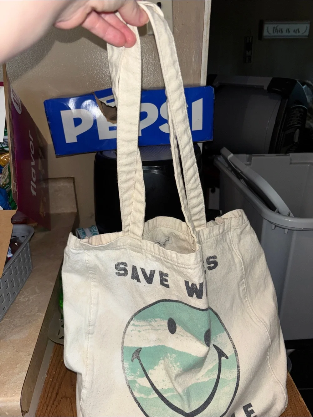 American Eagle Outfitters Cream Canvas Tote with Mint Green Smiley Print